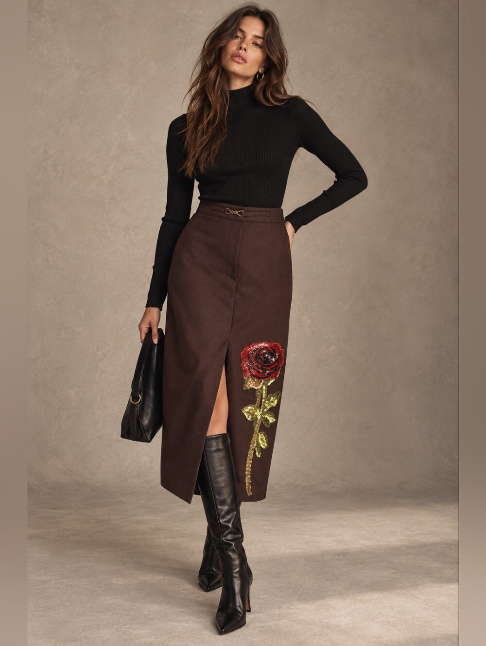 Vintage Brown 100% Wool Midi Skirt with Sequin Rose Appliqué – Reworked Fall Ski